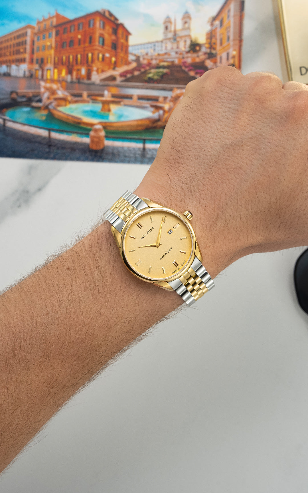 Piazza di Spagna, Roma / President Bracelet, Silver & Gold Color, Swiss Movement