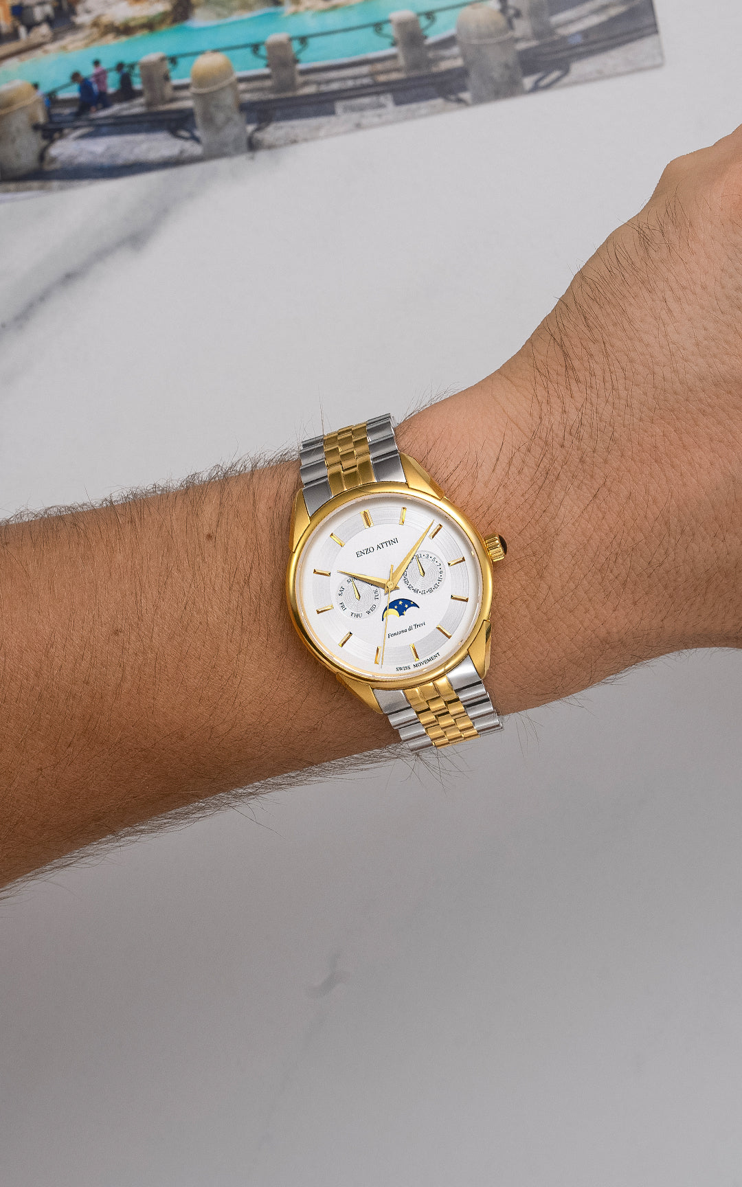 Fontana di Trevi, Roma / President Bracelet, Silver & Gold Color, Swiss Movement