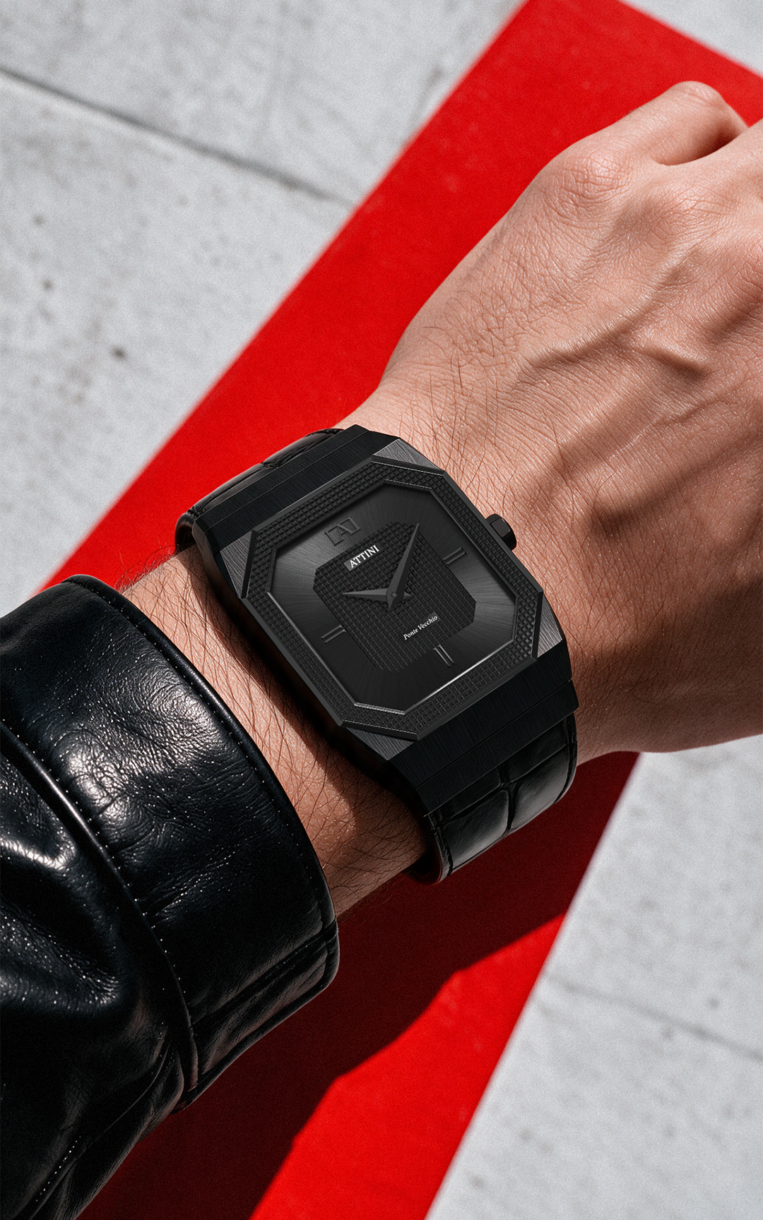 ATTINI - Ponte Vecchio, Firenze / Leather Strap (croc pattern), Black Color, Swiss Parts, 37