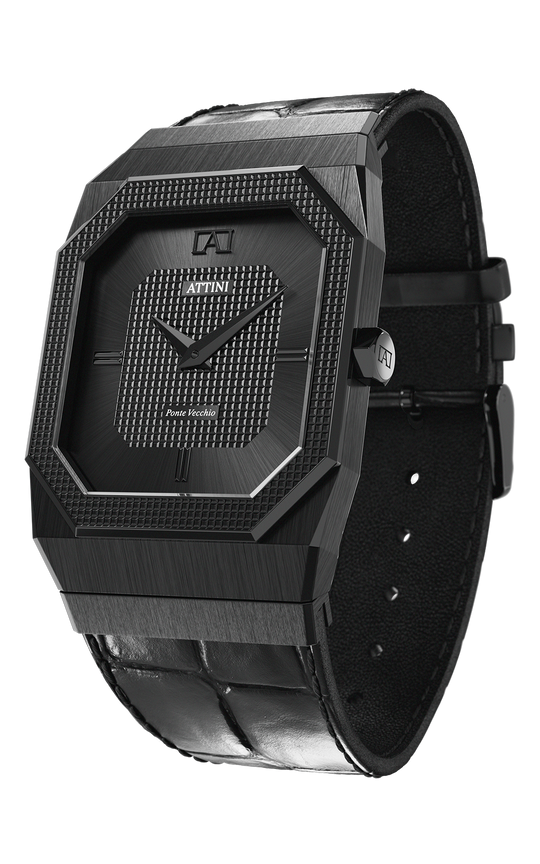 ATTINI - Ponte Vecchio, Firenze / Leather Strap (croc pattern), Black Color, Swiss Movement