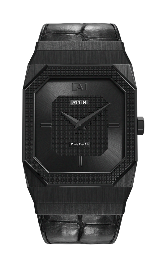 ATTINI - Ponte Vecchio, Firenze / Leather Strap (croc pattern), Black Color, Swiss Movement