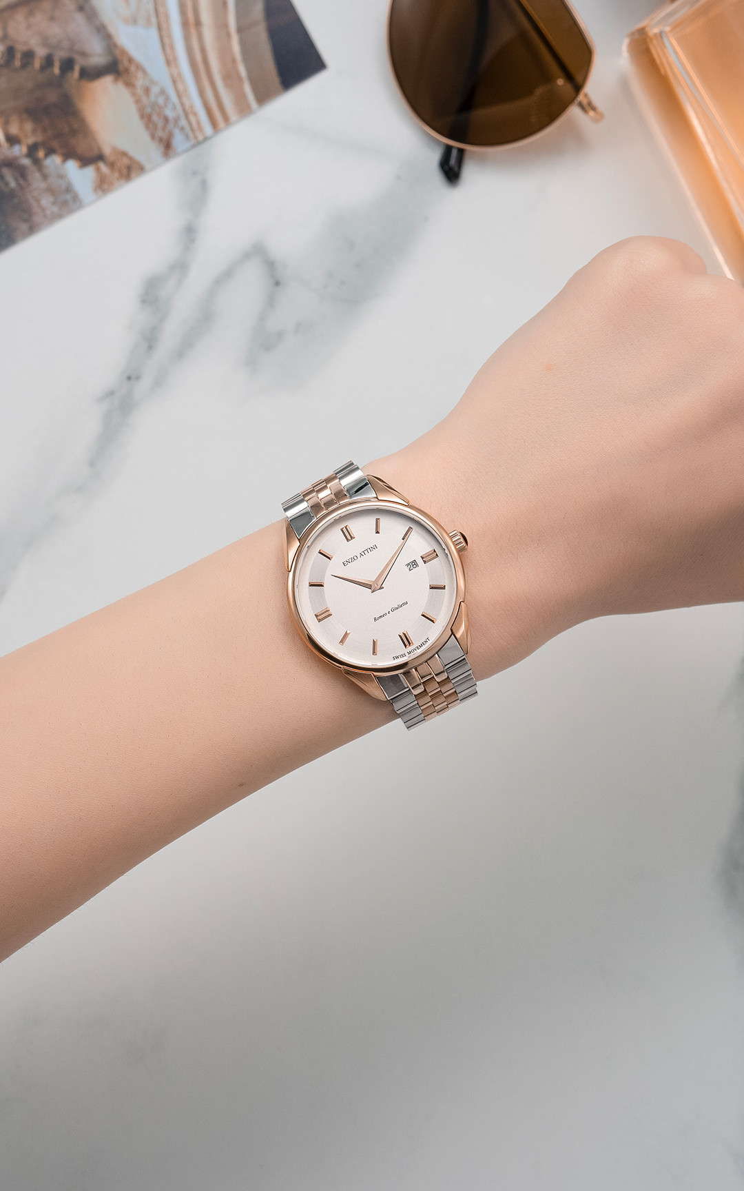 Romeo e Giulietta, Verona / President Bracelet, Silver & Rose Gold Color, Swiss Movement.