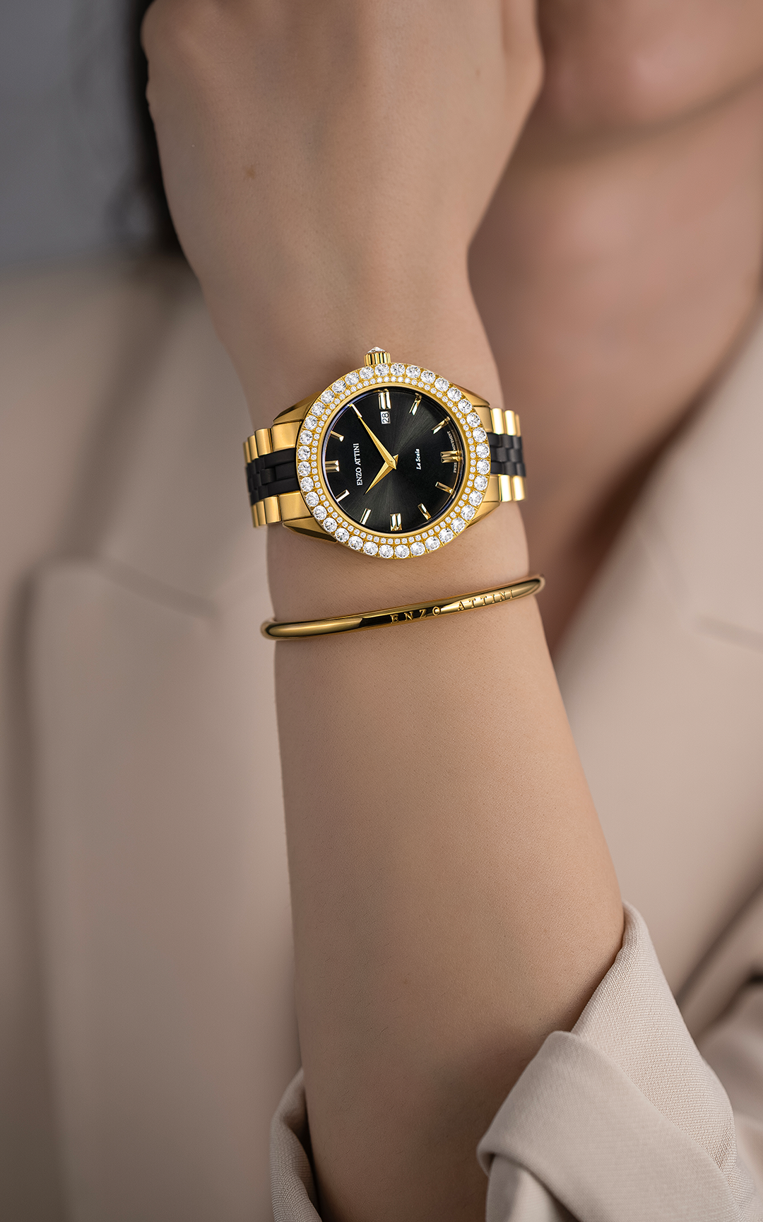 NEW La Scala / President Bracelet, Gold & Black Color, Swiss Movement.