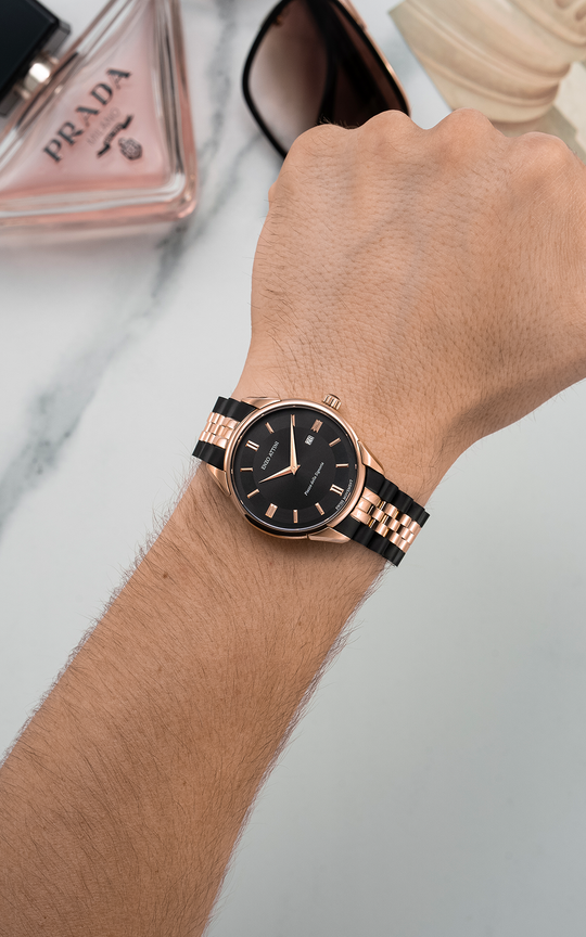 Piazza della Signoria / President Bracelet, Black & Rose Gold Color, Swiss Movement
