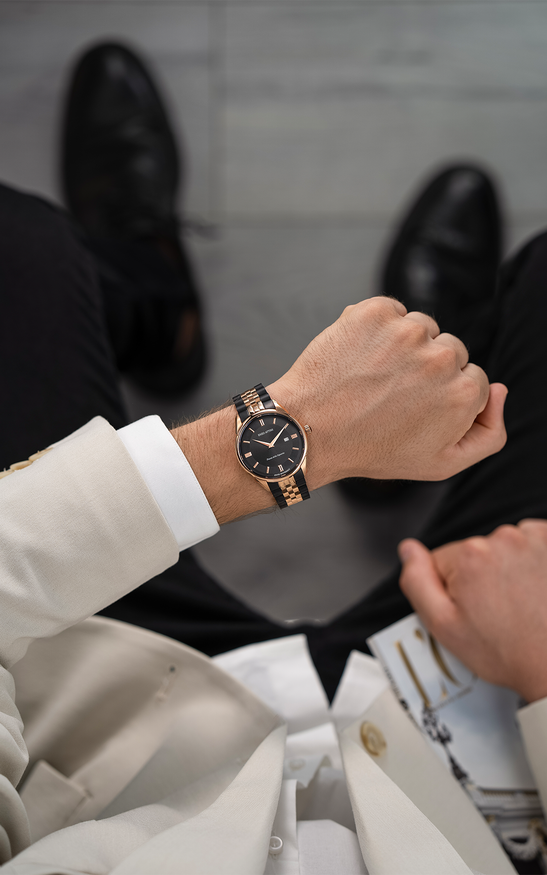 Piazza della Signoria / President Bracelet, Black & Rose Gold Color, Swiss Movement