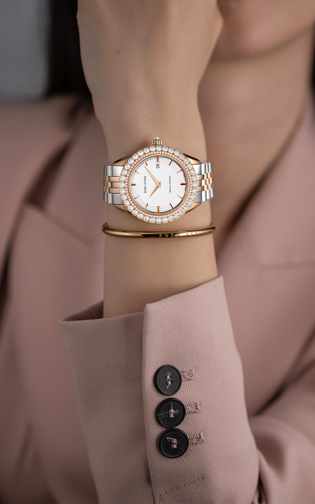 NEW Romeo e Giulietta / President Bracelet, Silver & Rose Gold Color, Swiss Movement.
