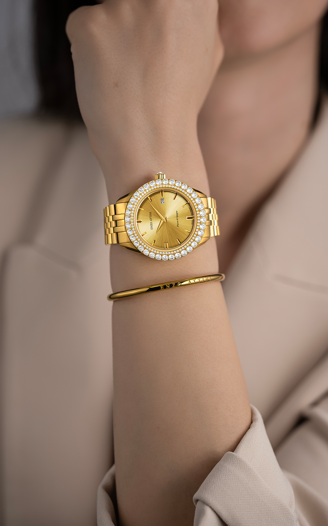 NEW Piazza di Spagna, Roma / President Bracelet, Gold Color, Swiss Movement.