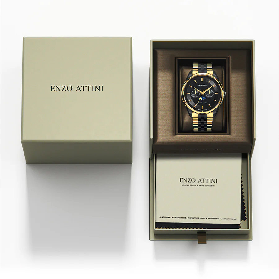 Ora Enzo Attini - il Ponte di Rialto, Venezia / President Bracelet, Gold & Black Color, Swiss Movement