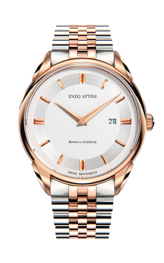 Ora Enzo Attini - Romeo e Giulietta, Verona / President Bracelet, Silver & Rose Gold Color, Swiss Movement