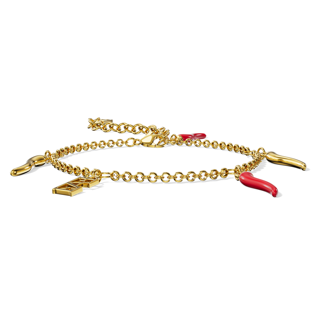 Byzylyk luksoz Enzo Attini me zinxhir ari, varëse me logon EA dhe brirë fati ,Cornicello në ngjyrë të kuqe dhe flori, pamja përballë, për femra