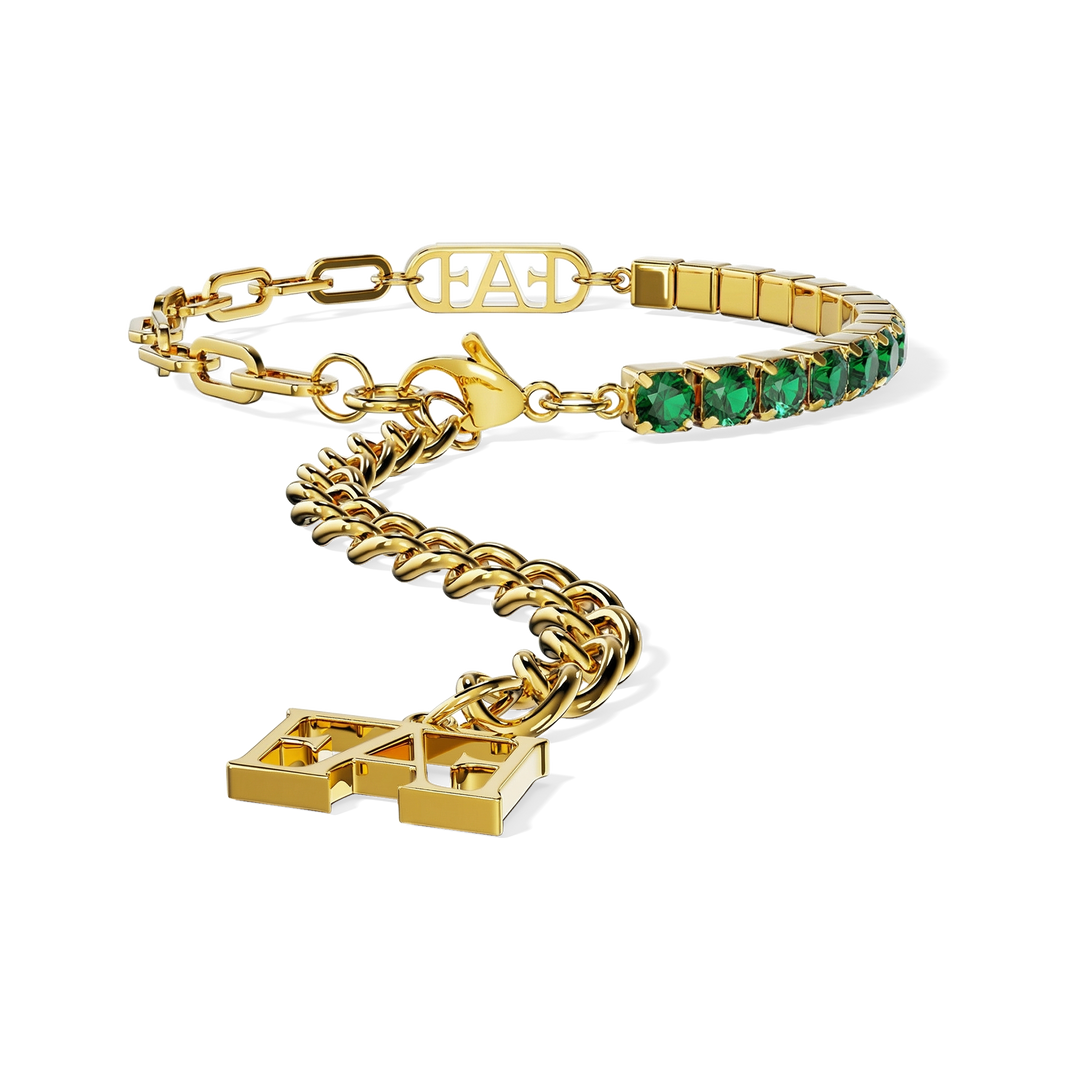 Byzylyk Glam Tennis  Enzo Attini me zinxhir me gurë zirkoni jeshil dhe emblemën e logos, flori 18k, anësore