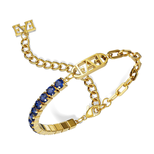 Byzylyk Glam Tennis  Enzo Attini me zinxhir me gurë zirkoni blu dhe emblemën e logos, flori