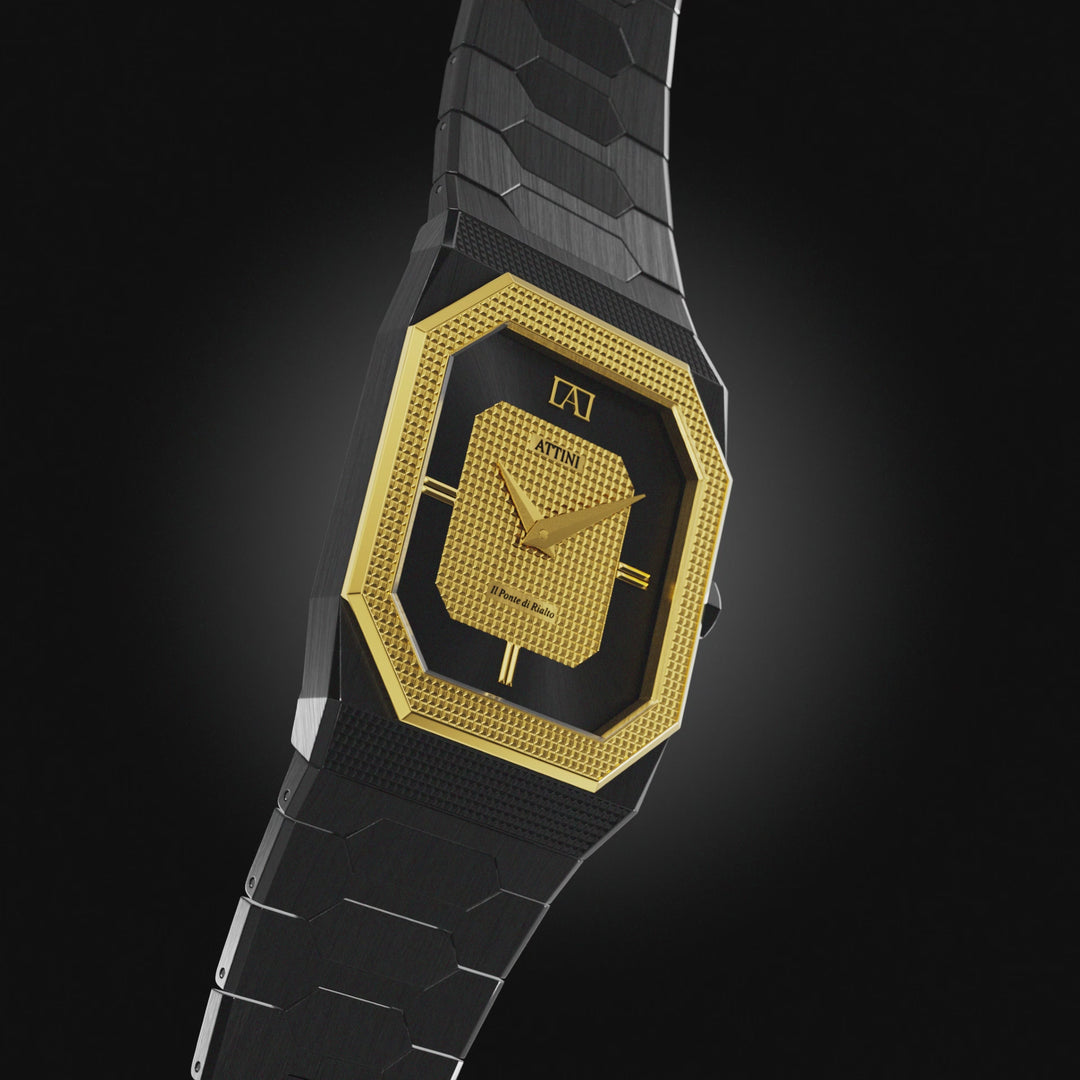 ATTINI - Il Ponte di Rialto, Venezia / Oyster Bracelet, Black Color, Swiss Movement