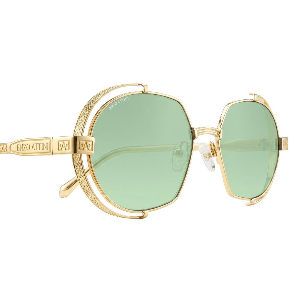 Syze dielli për femra modeli Mount Everest ll green nga Enzo Attini me skelet gold dhe lente mbrojtëse, lentet UVA dhe UVB, logo 