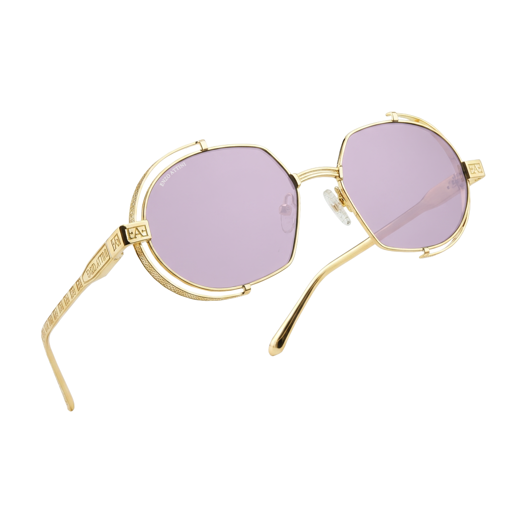 Syze dielli për femra modeli Mount Everest ll purple nga Enzo Attini me skelet gold dhe lente mbrojtëse, lentet UVA dhe UVB, logo 