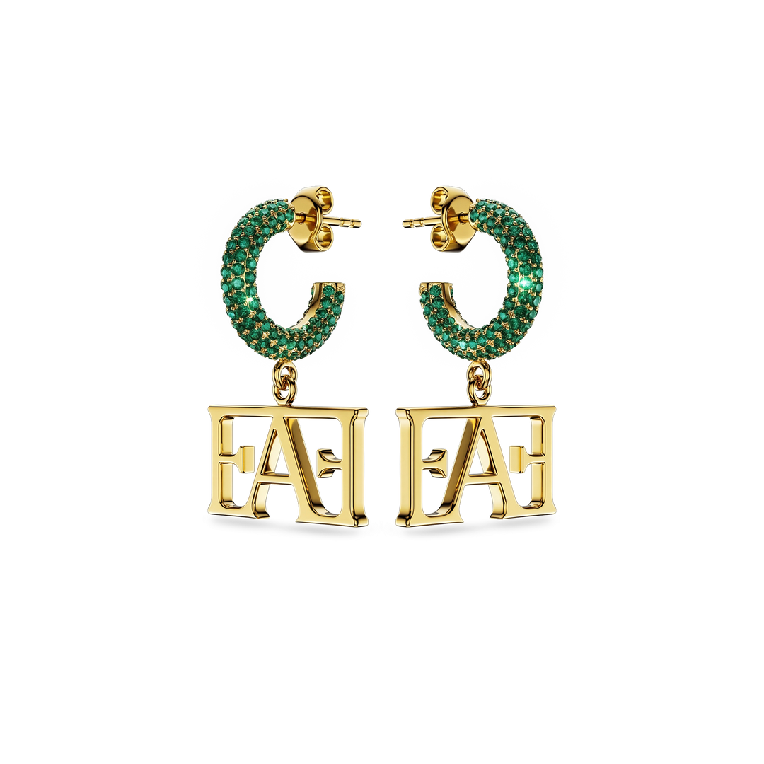 Vathë My Enzo Attini me varëse monogramë dhe rreth me gurë zirkon jeshil - pamje përballë