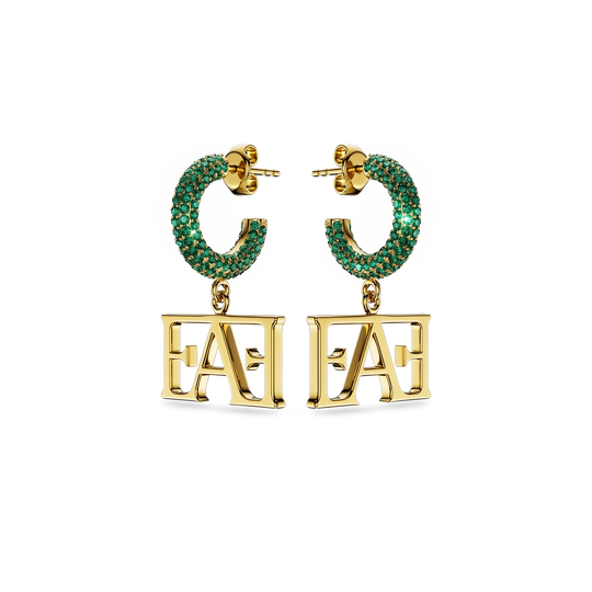 Vathë My Enzo Attini me varëse monogramë dhe rreth me gurë zirkon jeshil - pamje përballë